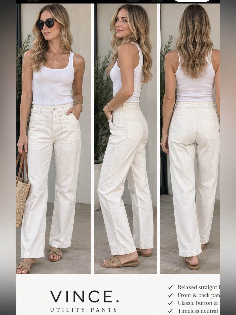 Vince ivory off-white utility wide -Leg Jeans patch pocket, minimalist design 4